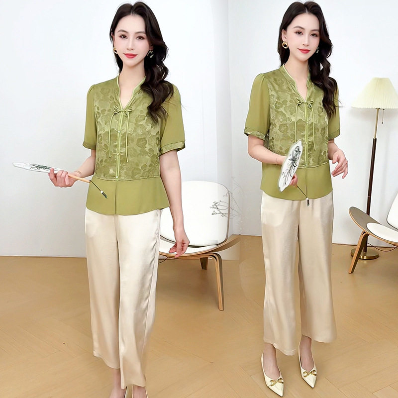 妈妈新中式夏时尚套装小衫洋气上衣新款中老年国风衬衫裤子两件套