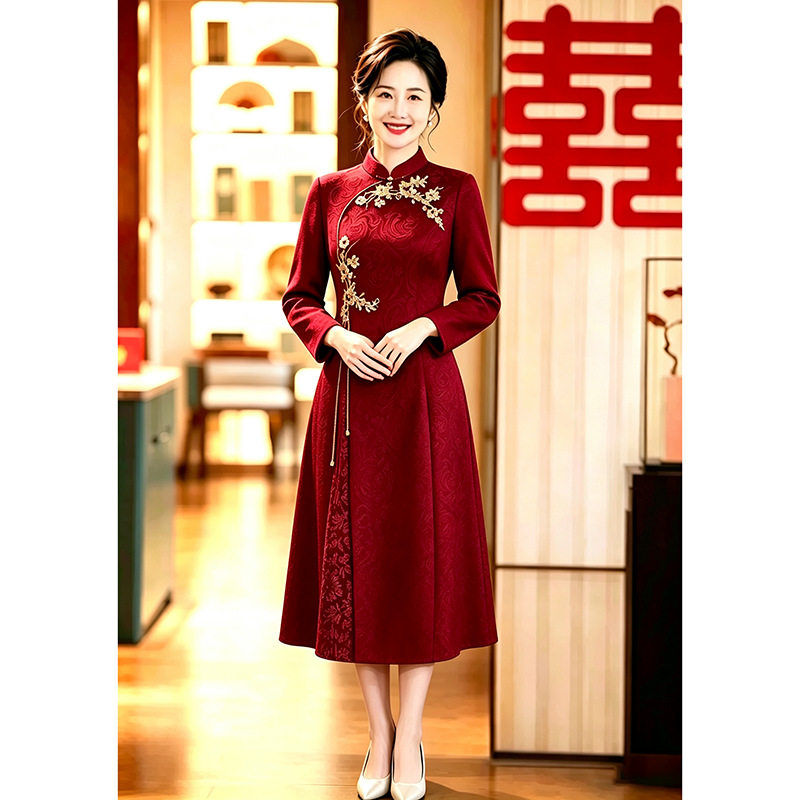 中青年女装喜婆婆婚宴装年轻妈妈礼服2026秋冬气质优雅红色连衣裙