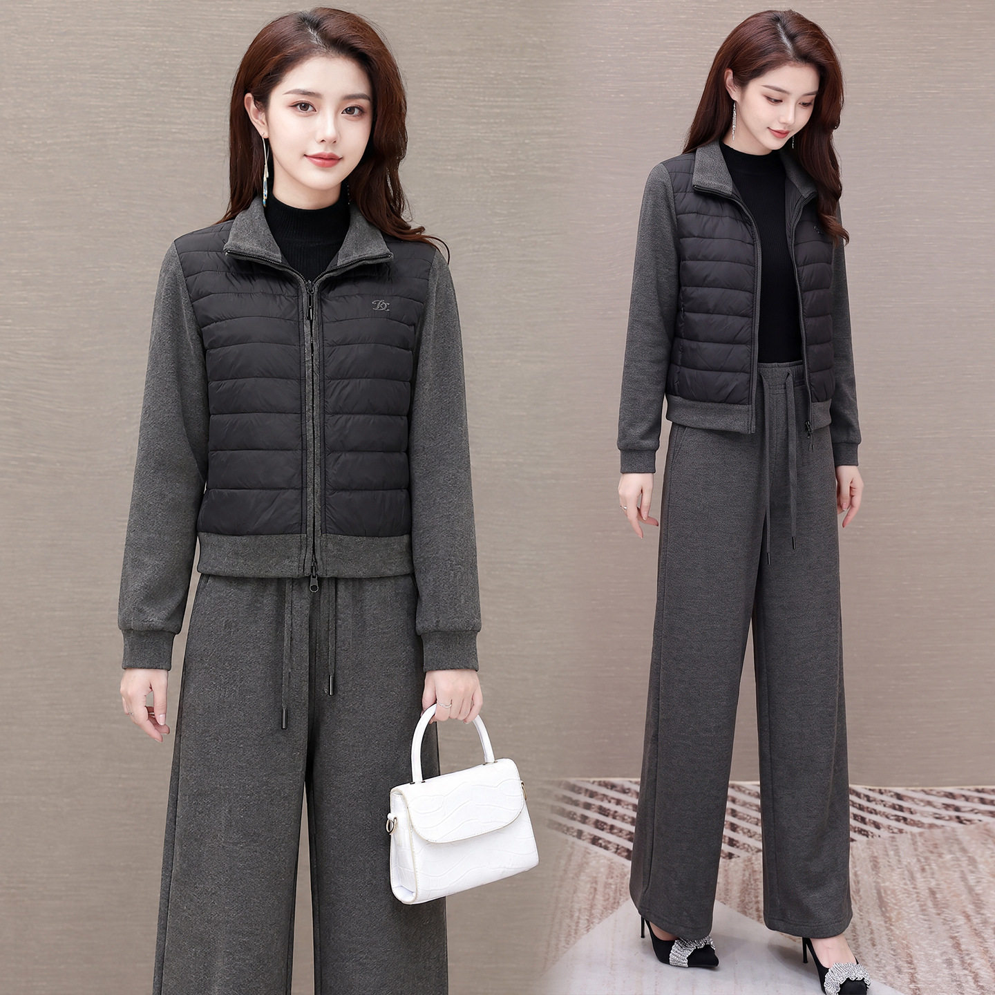 中年妈妈装2026秋冬季套装中青年女气质收腰羽绒上衣阔腿裤两件套