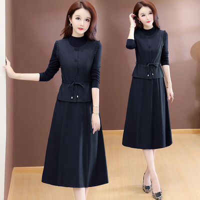 中青年女时尚两件套裙2025春秋中年妈妈装遮肉背心长袖连衣裙套装