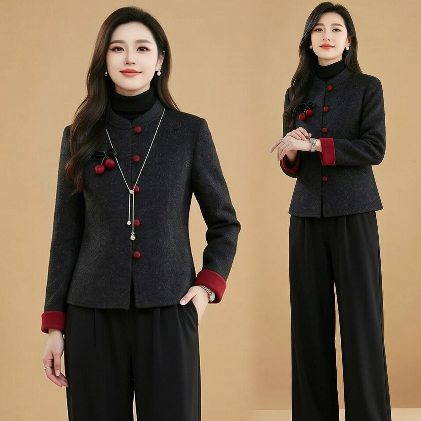 中年妈妈春秋新款毛呢大衣短款时尚中青年女装洋气中式外套小个子