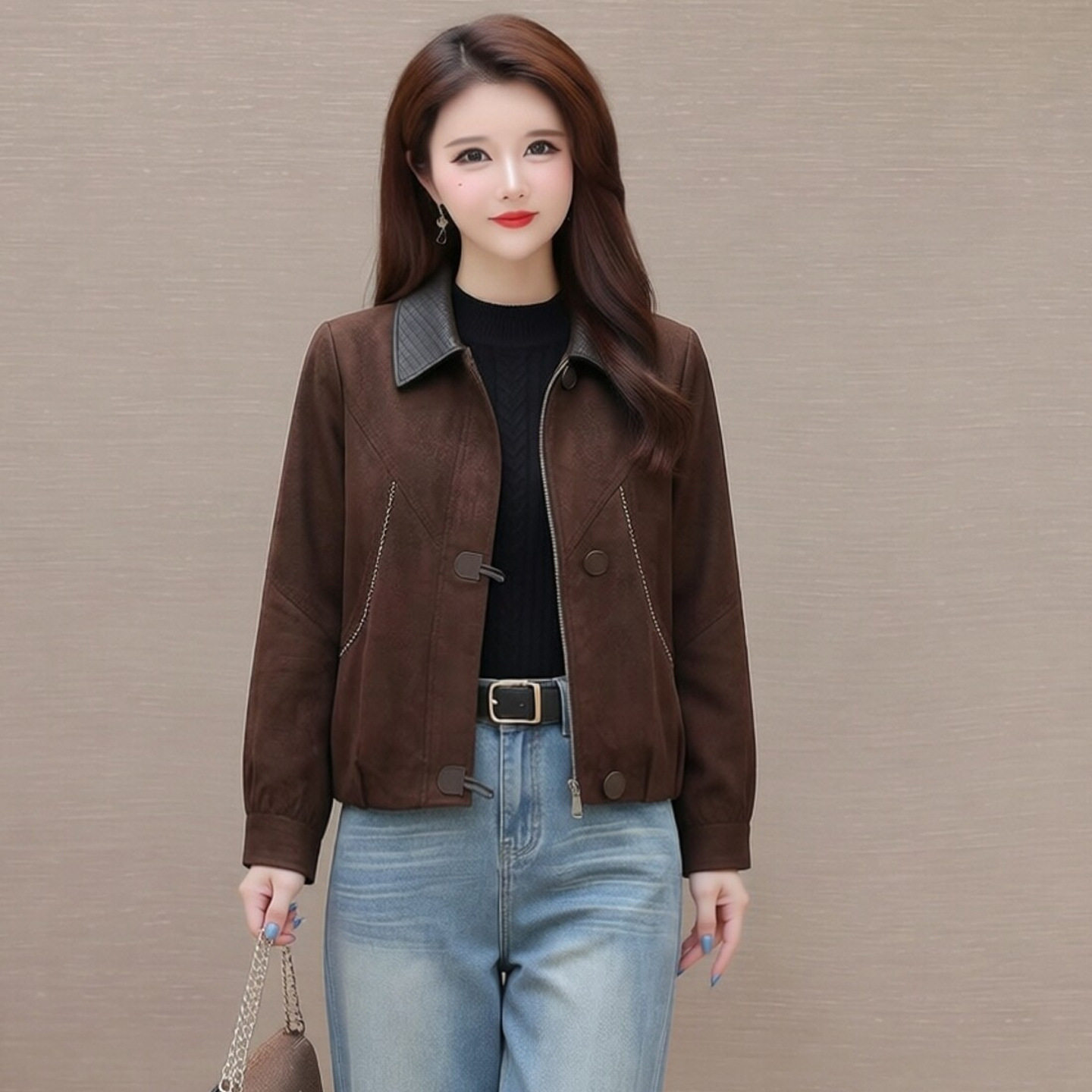 2026秋款小个子外套短款中青年女简约撞色翻领时尚休闲上衣小个子