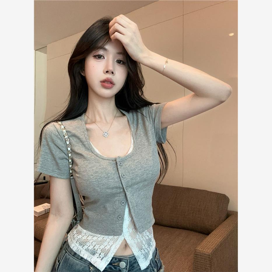 2025夏季新款甜美短款小个子正肩蕾丝假两件短袖t恤网红ins上衣女