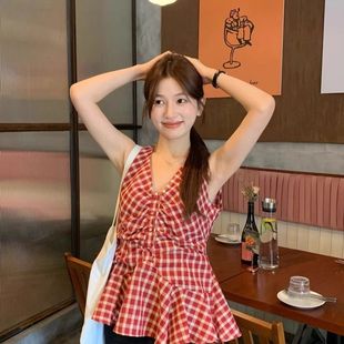 复古港风红色格子V领吊带背心女装 上衣 夏季 小众减龄百搭显瘦无袖