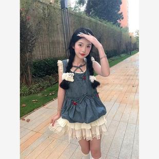 短裙花苞两件套半身裙女 套装 甜美蝴蝶结背心新款 无袖 牛仔上衣夏季