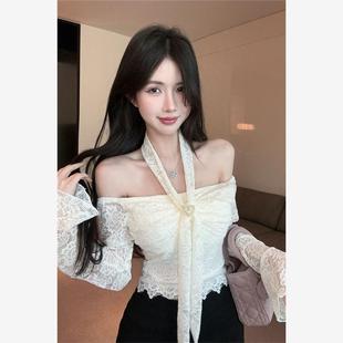 喇叭袖 纯欲甜美挂脖一字肩蕾丝衫 辣妹露肩修身 女2025夏季 上衣 新款
