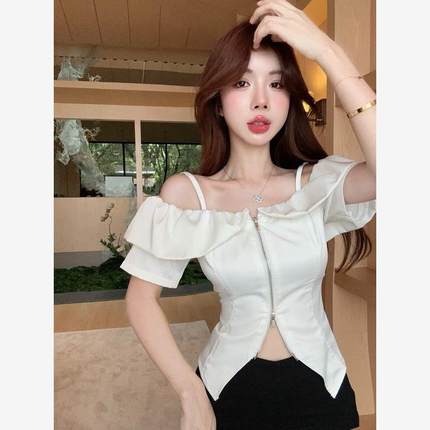 甜辣网红锁骨ins高腰短款衬衫女外穿夏季锁骨设计感小众收腰上衣