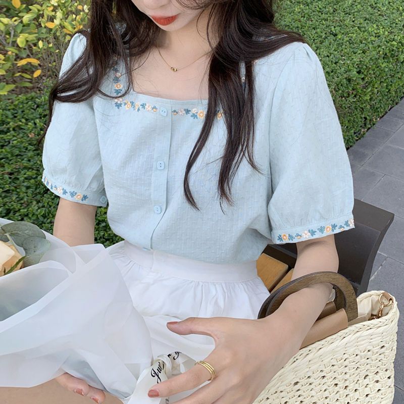 大码方领碎花上衣女夏季