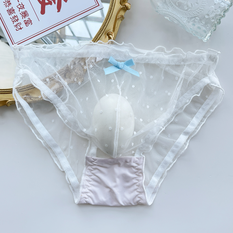 性感镂空男士内裤透气弹力网纱透明三角裤高档蕾丝短裤男款有囊袋