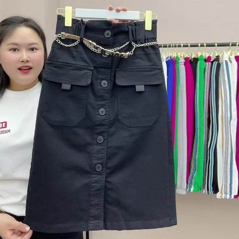 春秋新款中长款工装胖人半身裙女夏季单排扣双口袋开叉修身a字裙