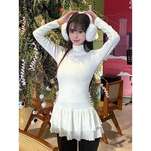 秋冬新款瑜伽t恤修身中款加长打底衫花边裙摆显瘦保暖内搭上衣女