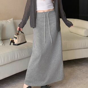 秋冬中长款 休闲高腰开叉a字长裙显瘦爆款 卫裙 新款 灰色半身裙夏季