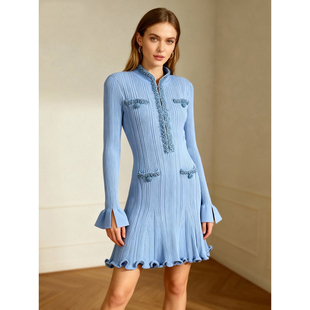 设计师款连衣裙！轻奢风高端针织裙钉珠长袖修身收腰a字裙 小香风