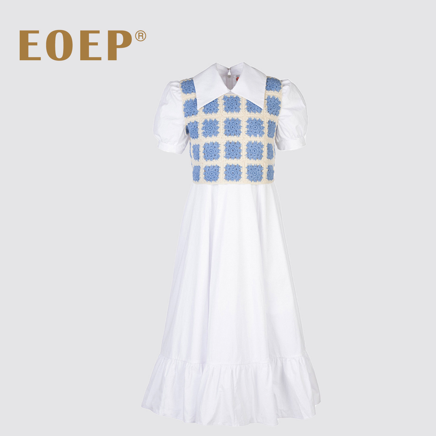 小众设计！两件套连衣裙中长款收腰a字裙大摆长裙+勾花针织背心