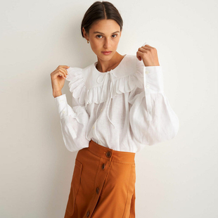 松弛感老钱风！亚麻衬衫女长袖圆领荷叶边白色衬衣法式娃娃领斗篷