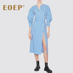 小众设计排扣衬衫连衣裙修身收腰中长款圆领灯笼袖条纹中长裙春秋