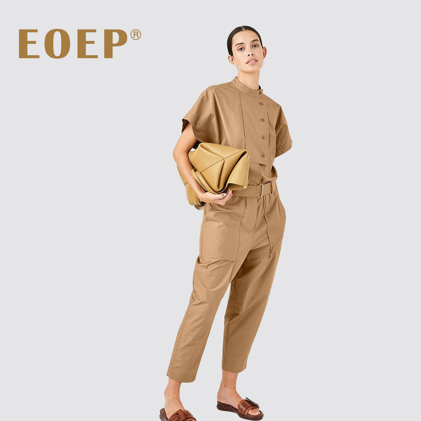 小众设计师款！工装风连体裤九分长裤女夏腰带收腰显瘦休闲卡其色