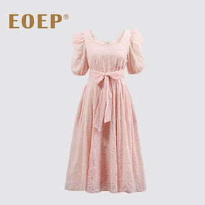 EOEP 小众设计 仙女甜美泡泡袖连衣裙中长款温柔气质优雅方领短袖
