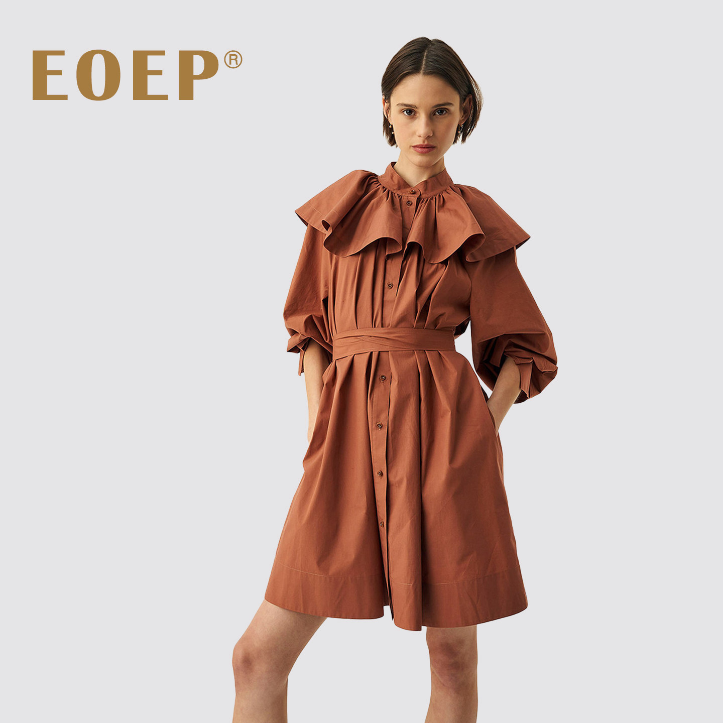 小众设计~斗篷衬衫连衣裙系腰带灯笼袖长袖娃娃领气质纯色 春秋