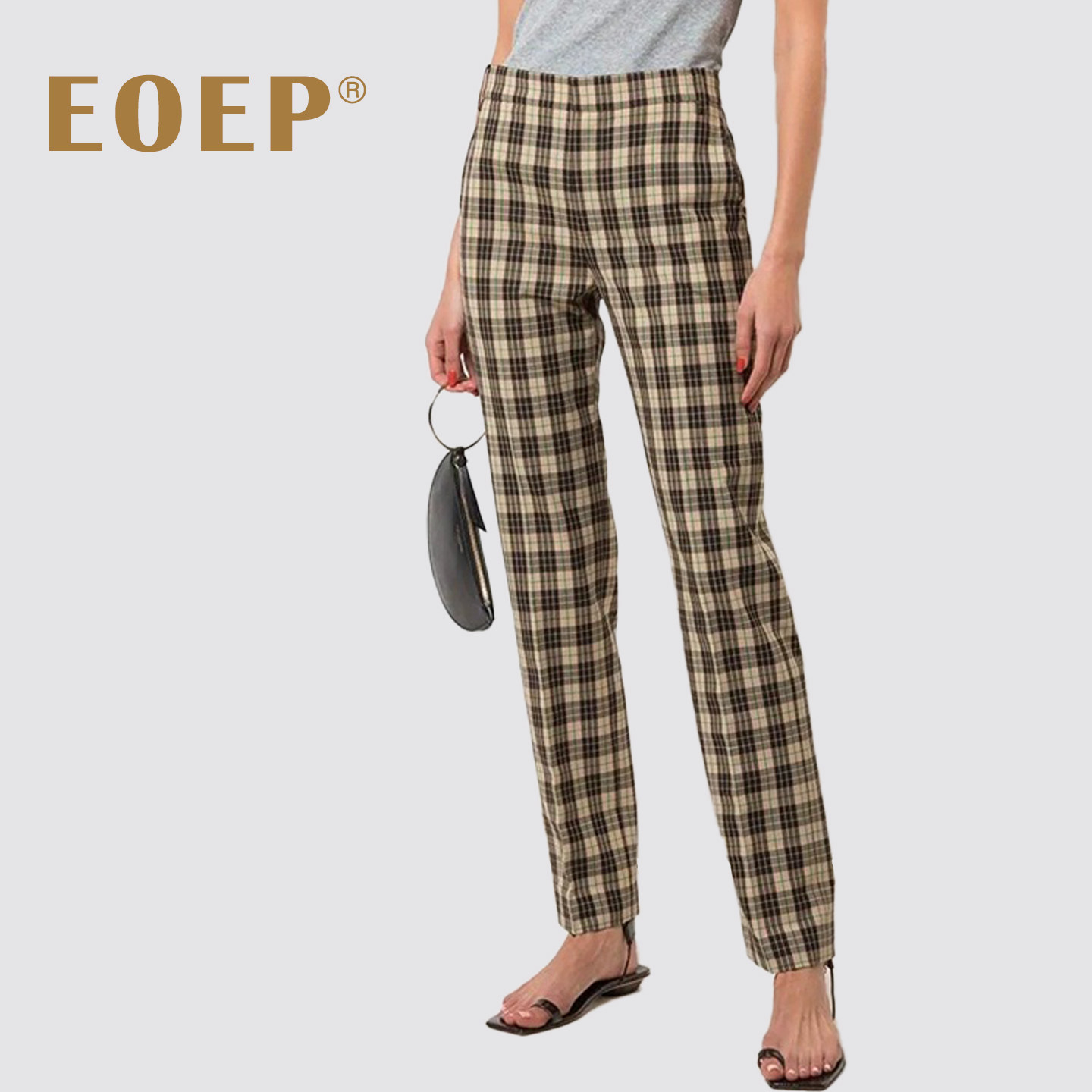 小众设计师款！小格纹西装长裤子女士小脚裤修身高腰夏季通勤简约