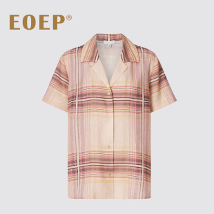 小众设计师款!老钱风!亚麻短袖衬衫女夏翻领上衣宽松衬衣条纹