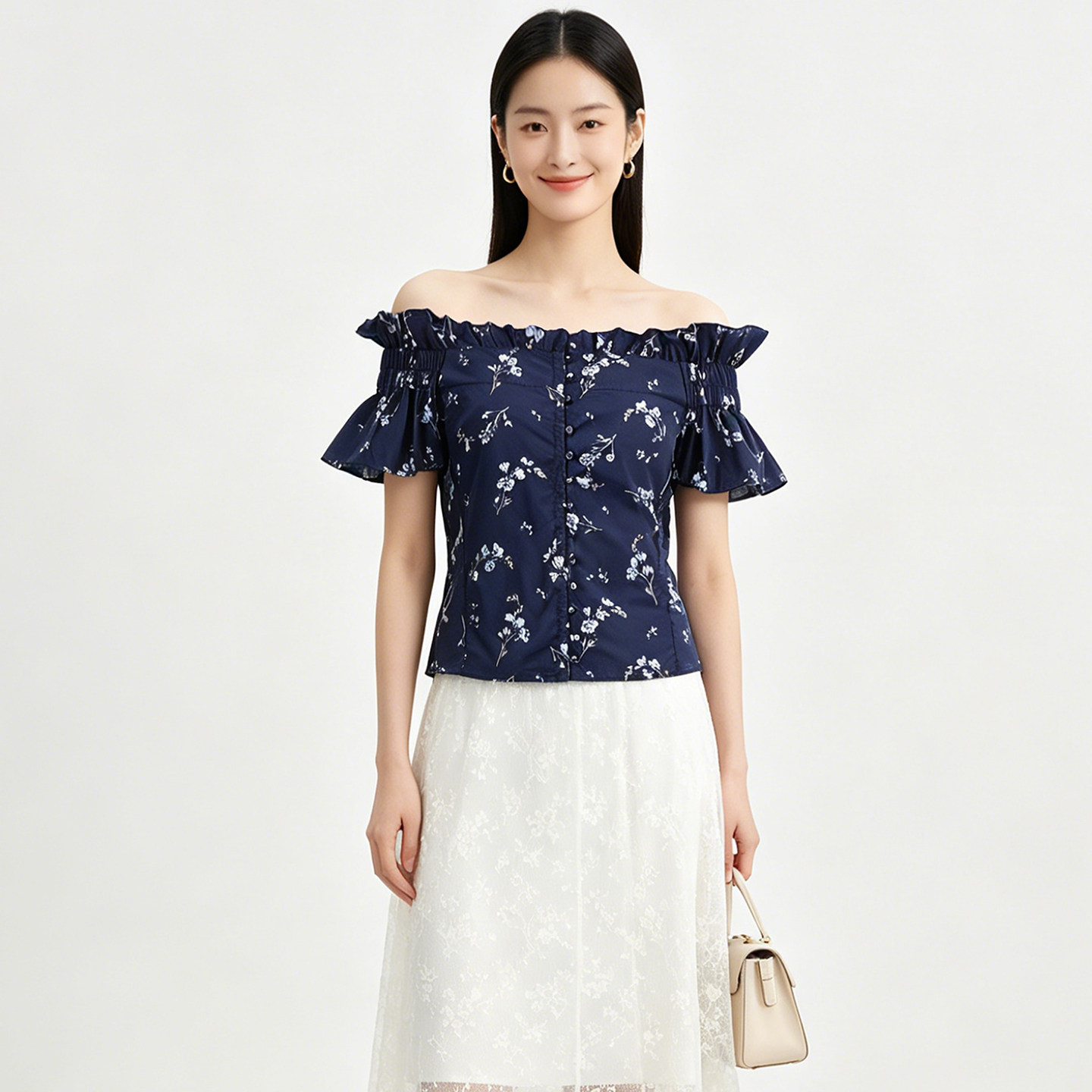 设计师款一字肩荷叶边上衣女夏季