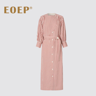 极简风设计！竖条纹衬衫连衣裙中长款系腰带中长裙 显瘦 气质优雅