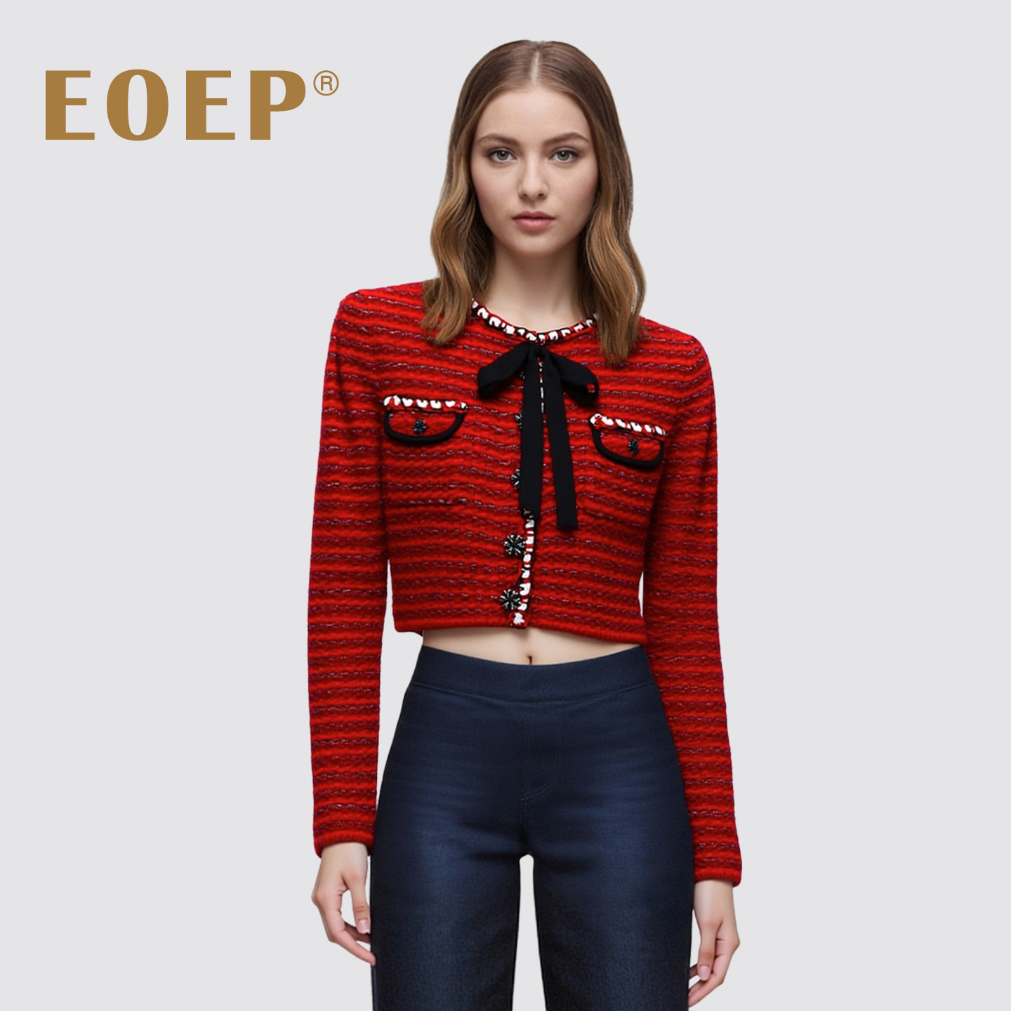 小香风！羊毛针织开衫短款外套女修身厚毛衣外穿上衣秋蝴蝶结红色