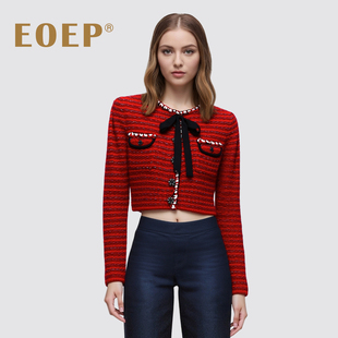 小香风!羊毛针织开衫短款外套女修身厚毛衣外穿上衣秋蝴蝶结红色