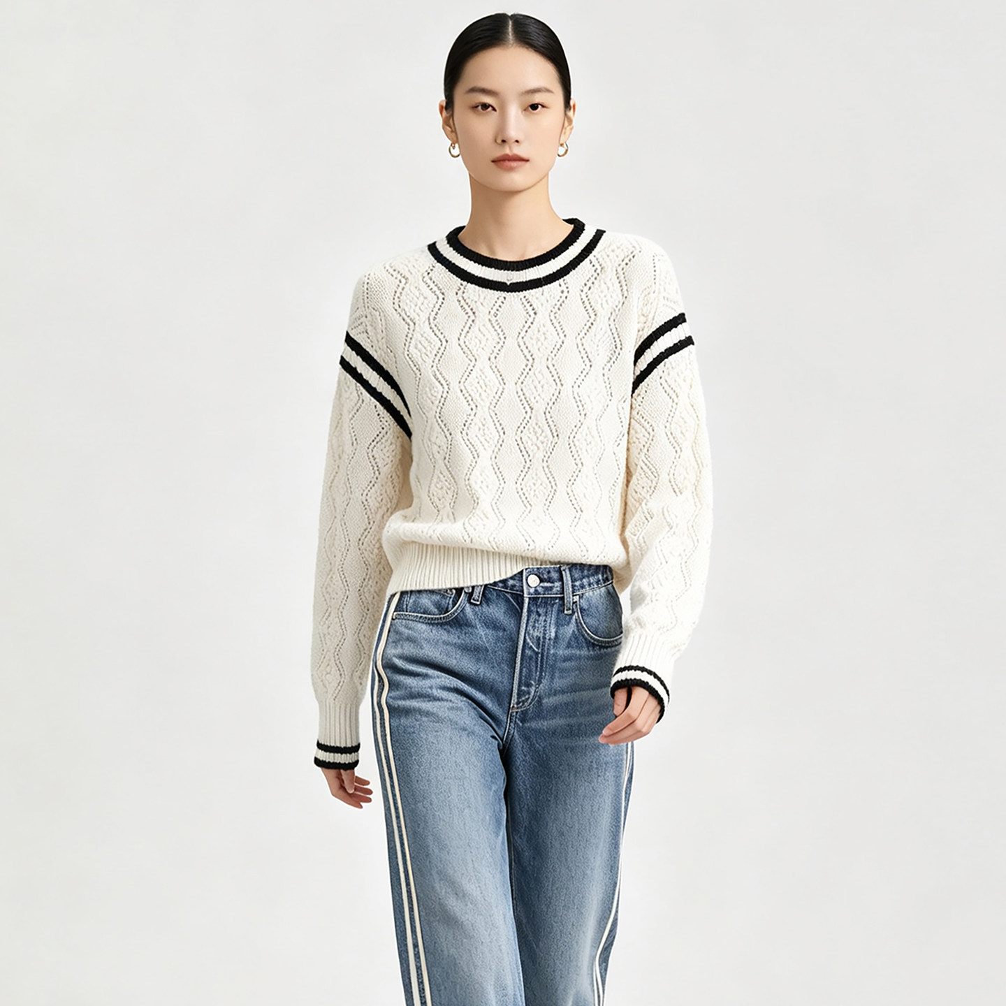 小香风毛衣女外穿长袖镂空菱格