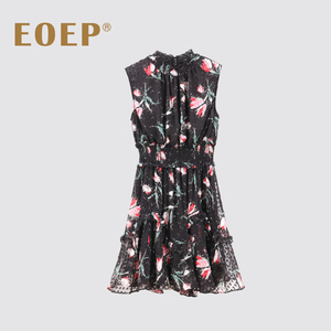 法式荷叶边无袖连衣裙子夏收腰蓬蓬印花碎花蛋糕裙仙气风 桑蚕丝