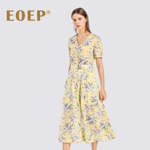 小众设计师款!衬衫连衣裙夏收腰系腰带中长款a字长裙短袖黄色碎花