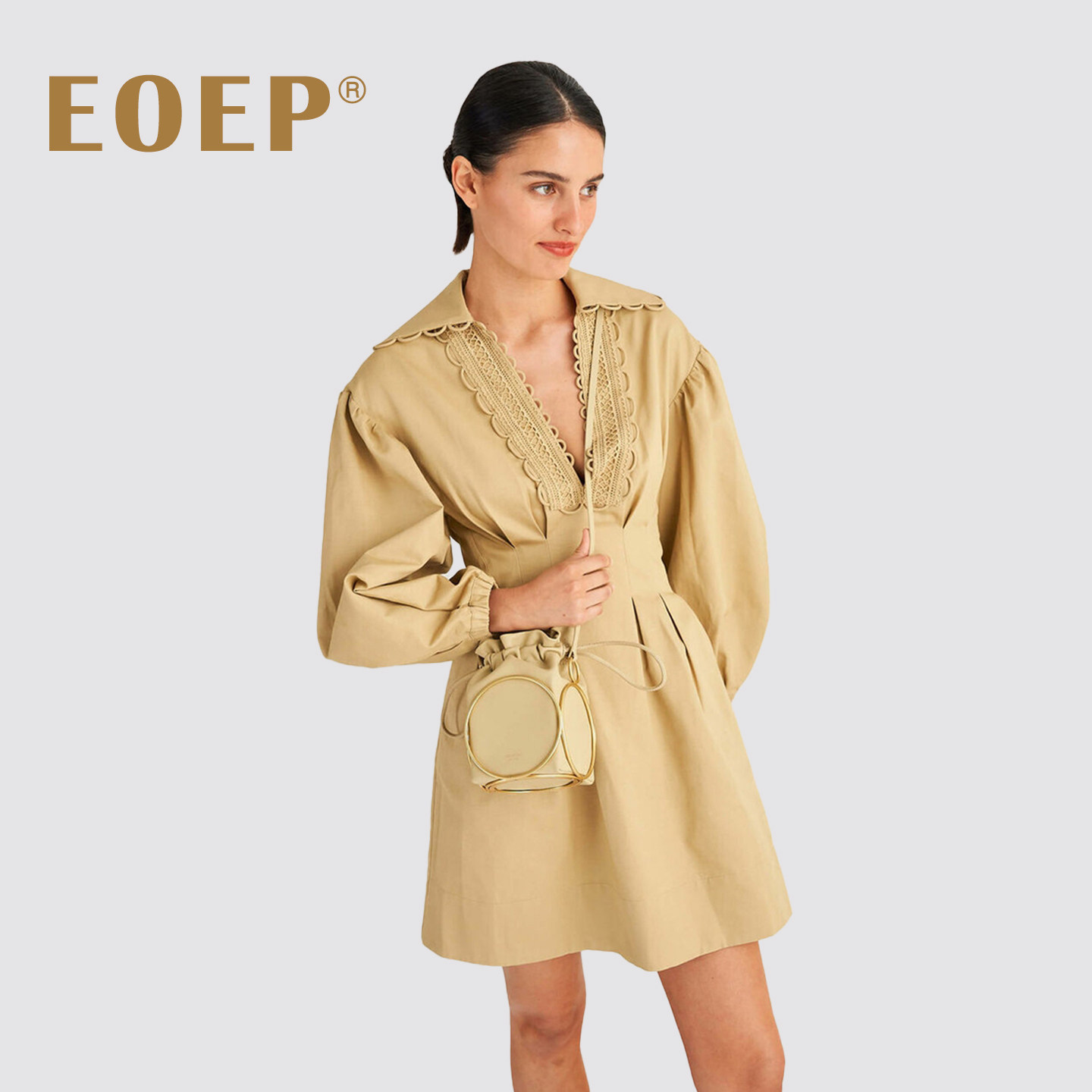 澳洲小众设计！灯笼袖连衣裙收腰短款深V领长袖时尚纯色棉麻 春秋