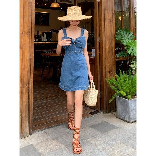 夏季甜美棉质牛仔蝴蝶结吊带裙
