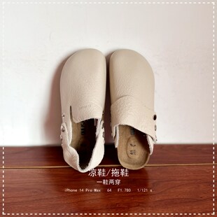 2026春夏新品小众设计款两穿勃肯鞋头层牛皮大圆头舒适平底森女鞋