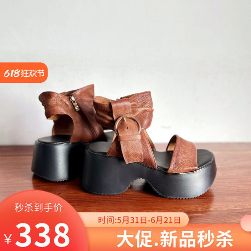 头层牛皮高跟厚底简约一字带凉鞋