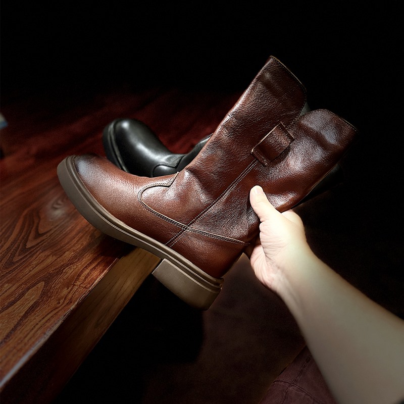 真皮女靴头层牛皮中跟帅气中筒靴