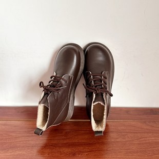 【烁掌柜】复古风手工真皮女棉靴头层牛皮加绒保暖系带马丁靴短靴