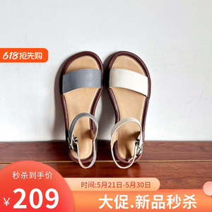 女鞋头层牛皮低跟一字带凉鞋