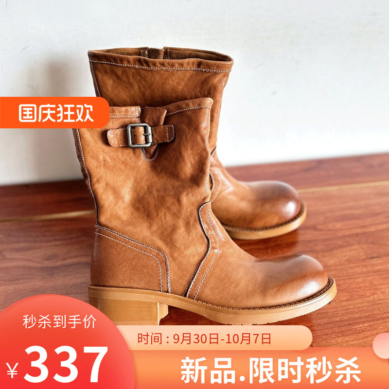 小众马皮个性皮带扣中跟骑士靴