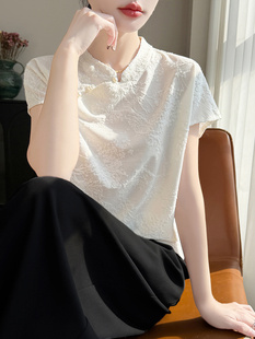 新品 女士斜襟上衣夏季 立领桑蚕丝薄款 透气小衫 2026春季 短半袖 新款
