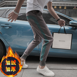 网红裤子男加绒加厚潮牌运动裤修身小脚卫裤精神小伙休闲裤K93P65图片