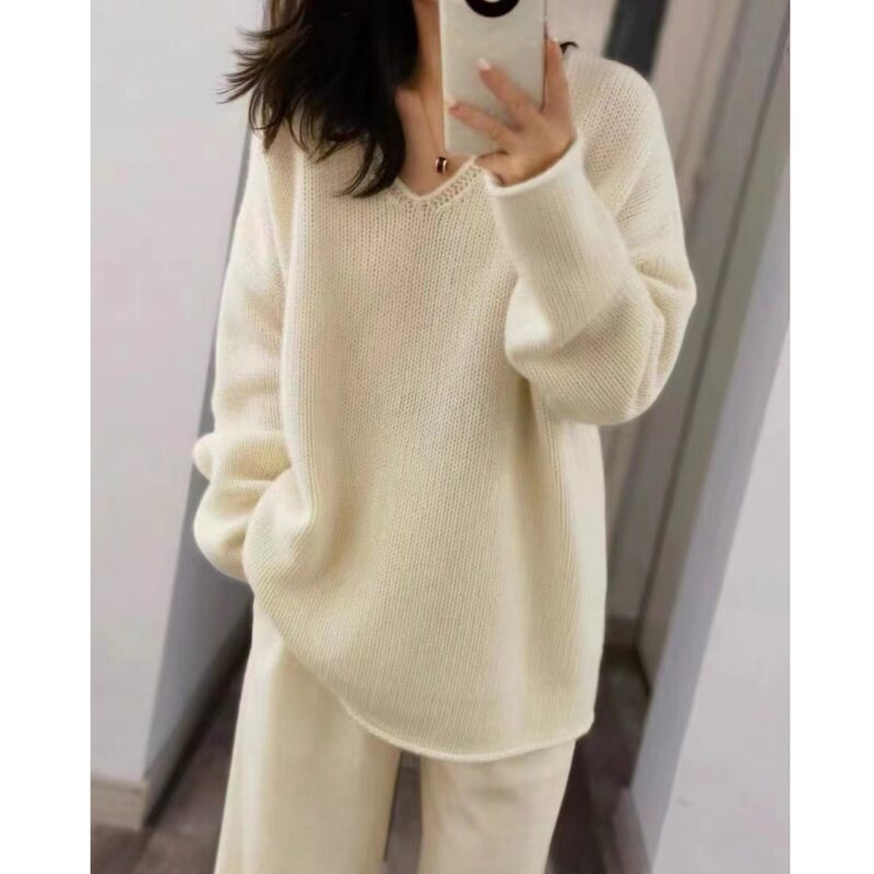 秋冬加厚100%纯羊毛女V领中长款毛衣羊绒针织打底衫宽松显瘦内搭