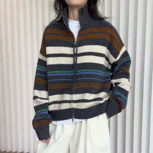 高领拼色100纯羊毛双拉链开衫女条纹长袖针织毛衣宽松羊毛外套