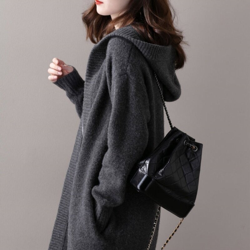 中长款加厚100%纯羊毛开衫外套女无扣带帽毛衣宽松连帽针织外套冬