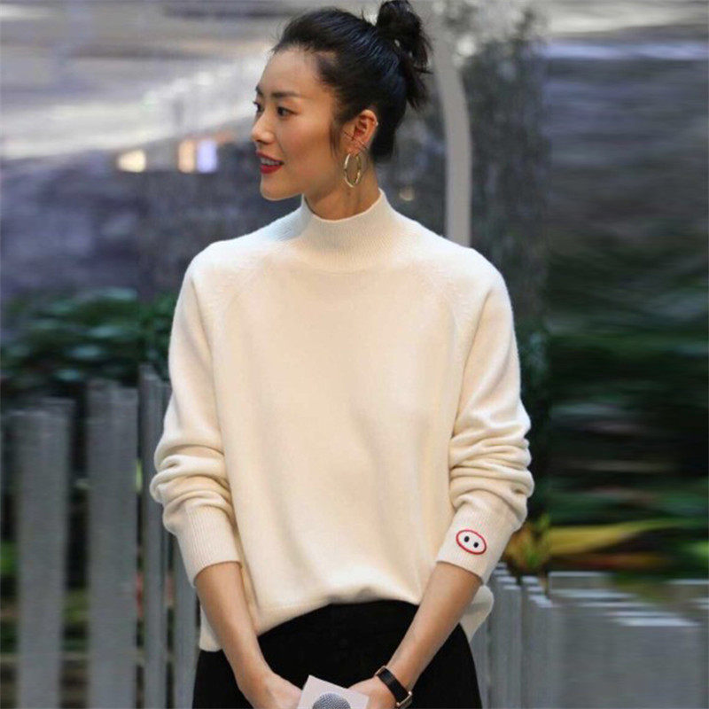 大表姐刘雯明星同款半高领羊绒毛衣女宽松套头慵懒针织打底羊毛衫