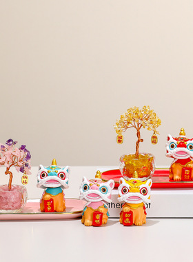 国潮醒狮水晶发财树套装玄关电视柜家居摆件摇头醒狮创意乔迁礼品