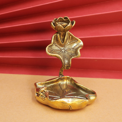 黄铜荷叶莲花倒流香摆件实心黄铜青蛙荷花池塘意境香架香托铜茶宠