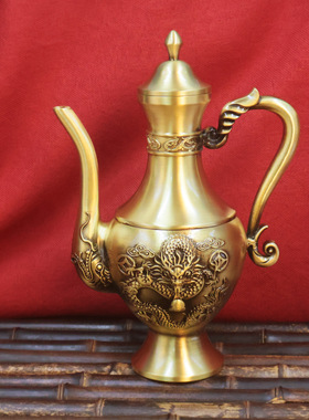 黄铜百福大号双龙酒壶家居供奉装饰品内轻奢铜器百福酒壶摆件
