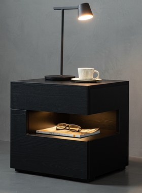 设计师款意式极简床头柜带灯一体悬浮式床边柜现代简约卧室储物柜
